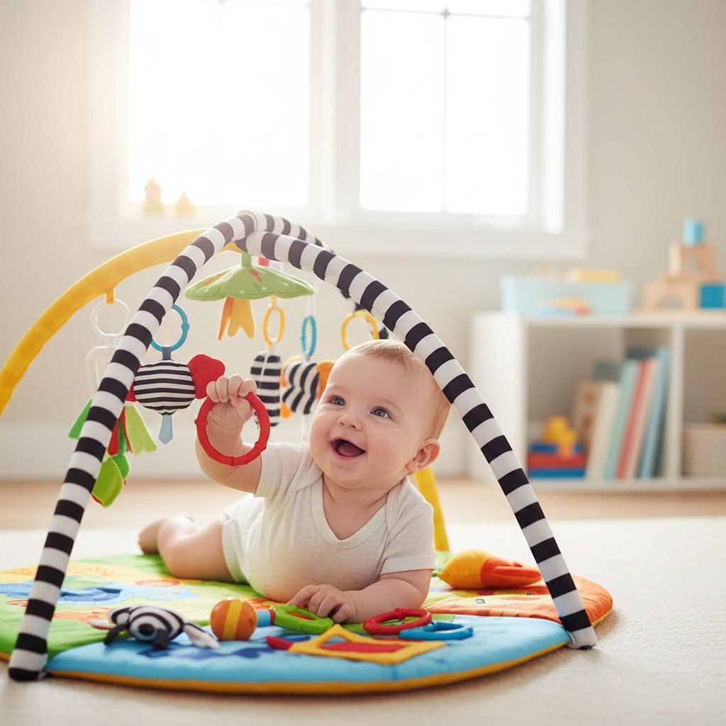 [Image of Baby playing with educational mat]